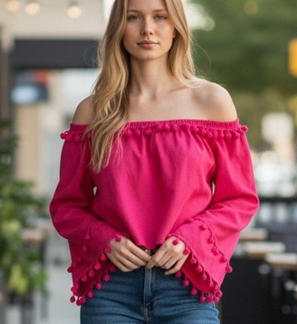 Fuchsia Crop Top Off the Shoulder Y2K Boho Long Peasant Sleaves Pom Pom SZ XL